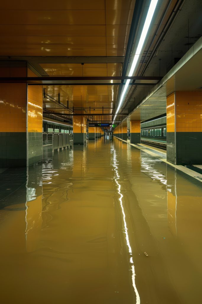 subway station flooded with brown water yellow green walls empty platform highresolution photo captures urban decay city infrastructure struggles maintain dry conditions scaled